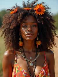 a stunning woman with flowing curly hair and flower accessories , capturing the essence of festival fashion and individuality