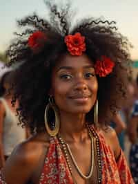 a stunning woman with flowing curly hair and flower accessories , capturing the essence of festival fashion and individuality