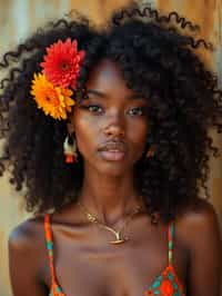 a stunning woman with flowing curly hair and flower accessories , capturing the essence of festival fashion and individuality