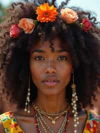 a stunning woman with flowing curly hair and flower accessories , capturing the essence of festival fashion and individuality