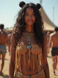 a woman in a fringed crop top and high-waisted shorts , embodying the free-spirited and carefree nature of a music festival