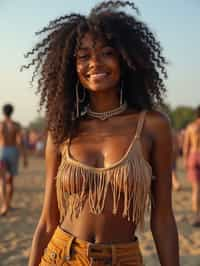 a woman in a fringed crop top and high-waisted shorts , embodying the free-spirited and carefree nature of a music festival