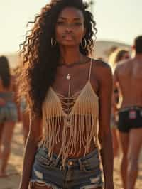 a woman in a fringed crop top and high-waisted shorts , embodying the free-spirited and carefree nature of a music festival