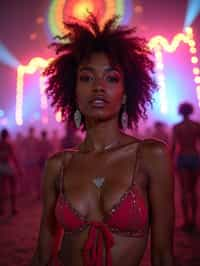 an incredibly attractive woman in a festival outfit, embracing the festival vibes and posing against a backdrop of colorful stage lights and decorations