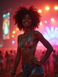 an incredibly attractive woman in a festival outfit, embracing the festival vibes and posing against a backdrop of colorful stage lights and decorations