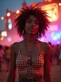 an incredibly attractive woman in a festival outfit, embracing the festival vibes and posing against a backdrop of colorful stage lights and decorations