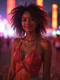 an incredibly attractive woman in a festival outfit, embracing the festival vibes and posing against a backdrop of colorful stage lights and decorations