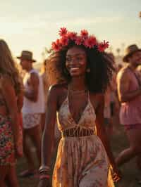 a stunning woman as a festival-goer, dancing and enjoying the music in a vibrant crowd, wearing a boho chic dress and flower crown