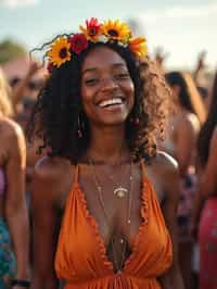 a stunning woman as a festival-goer, dancing and enjoying the music in a vibrant crowd, wearing a boho chic dress and flower crown