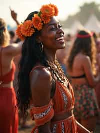 a stunning woman as a festival-goer, dancing and enjoying the music in a vibrant crowd, wearing a boho chic dress and flower crown