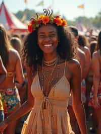 a stunning woman as a festival-goer, dancing and enjoying the music in a vibrant crowd, wearing a boho chic dress and flower crown