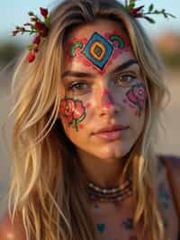 a woman with colorful temporary tattoos and henna art , adding an element of tribal and cultural inspiration to their festival look