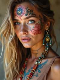 a woman with colorful temporary tattoos and henna art , adding an element of tribal and cultural inspiration to their festival look