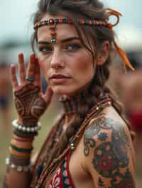 a woman with colorful temporary tattoos and henna art , adding an element of tribal and cultural inspiration to their festival look