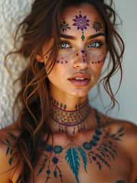 a woman with colorful temporary tattoos and henna art , adding an element of tribal and cultural inspiration to their festival look