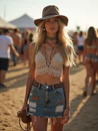 a woman in a crop top and denim skirt with festival patches , embodying the DIY and personalization culture of music festivals