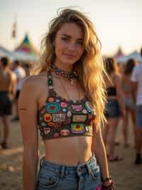 a woman in a crop top and denim skirt with festival patches , embodying the DIY and personalization culture of music festivals