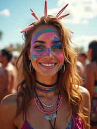 a woman with colorful festival makeup , standing out in the crowd and embracing the festival's vibrant atmosphere