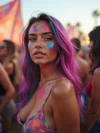 a woman with colorful festival makeup , standing out in the crowd and embracing the festival's vibrant atmosphere