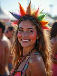 a woman with colorful festival makeup , standing out in the crowd and embracing the festival's vibrant atmosphere