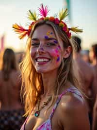 a woman with colorful festival makeup , standing out in the crowd and embracing the festival's vibrant atmosphere