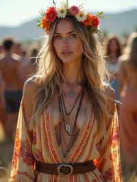 a stunning woman in a flowy kimono and flower crown , embodying the fusion of bohemian and rock n roll styles at the festival