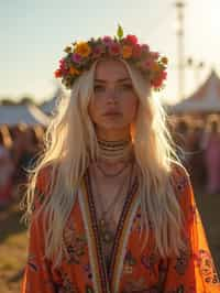 a stunning woman in a flowy kimono and flower crown , embodying the fusion of bohemian and rock n roll styles at the festival