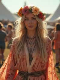 a stunning woman in a flowy kimono and flower crown , embodying the fusion of bohemian and rock n roll styles at the festival