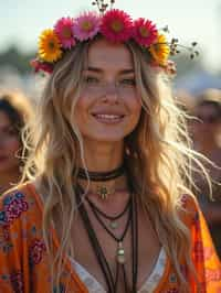 a stunning woman in a flowy kimono and flower crown , embodying the fusion of bohemian and rock n roll styles at the festival