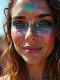 a woman with glittery makeup and body paint , capturing the artistic and expressive side of the music festival experience