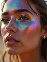 a woman with glittery makeup and body paint , capturing the artistic and expressive side of the music festival experience