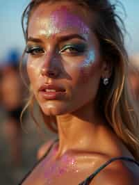 a woman with glittery makeup and body paint , capturing the artistic and expressive side of the music festival experience