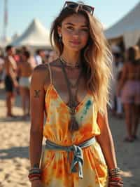 a stunning woman in a tie-dye jumpsuit and statement accessories , capturing their eclectic and fashionable festival look