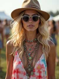 a stunning woman in a tie-dye jumpsuit and statement accessories , capturing their eclectic and fashionable festival look