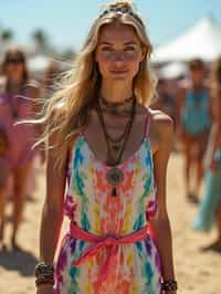 a stunning woman in a tie-dye jumpsuit and statement accessories , capturing their eclectic and fashionable festival look