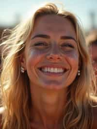 a woman enjoying a live performance on a sunny day, with glitter on their face , radiating the joy and excitement of the festival