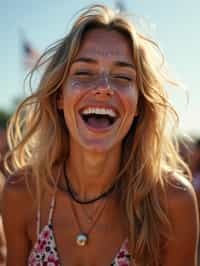 a woman enjoying a live performance on a sunny day, with glitter on their face , radiating the joy and excitement of the festival