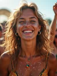 a woman enjoying a live performance on a sunny day, with glitter on their face , radiating the joy and excitement of the festival