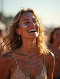 a woman enjoying a live performance on a sunny day, with glitter on their face , radiating the joy and excitement of the festival