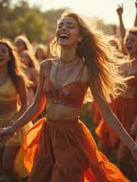 a woman in a flowy bohemian skirt and crop top , capturing their infectious energy and enthusiasm for the music