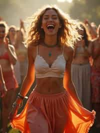 a woman in a flowy bohemian skirt and crop top , capturing their infectious energy and enthusiasm for the music