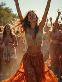 a woman in a flowy bohemian skirt and crop top , capturing their infectious energy and enthusiasm for the music