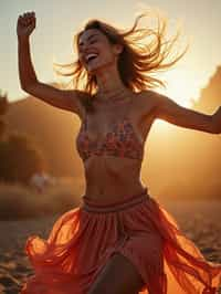 a woman in a flowy bohemian skirt and crop top , capturing their infectious energy and enthusiasm for the music