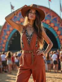 a woman in a bohemian jumpsuit and a wide-brimmed hat , striking a pose in front of a stage backdrop, capturing the excitement of a music festival