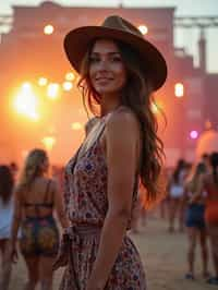 a woman in a bohemian jumpsuit and a wide-brimmed hat , striking a pose in front of a stage backdrop, capturing the excitement of a music festival