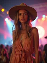 a woman in a bohemian jumpsuit and a wide-brimmed hat , striking a pose in front of a stage backdrop, capturing the excitement of a music festival