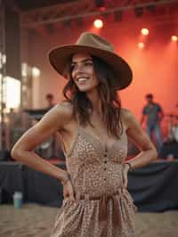 a woman in a bohemian jumpsuit and a wide-brimmed hat , striking a pose in front of a stage backdrop, capturing the excitement of a music festival