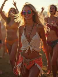 a woman in a festival-inspired outfit, dancing with a group of friends , capturing the energetic and lively atmosphere