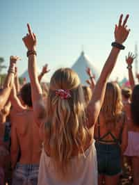 a woman enjoying the live music on a sunny day, surrounded by colorful festival-goers  and raising their hands in excitement