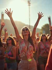 a woman enjoying the live music on a sunny day, surrounded by colorful festival-goers  and raising their hands in excitement